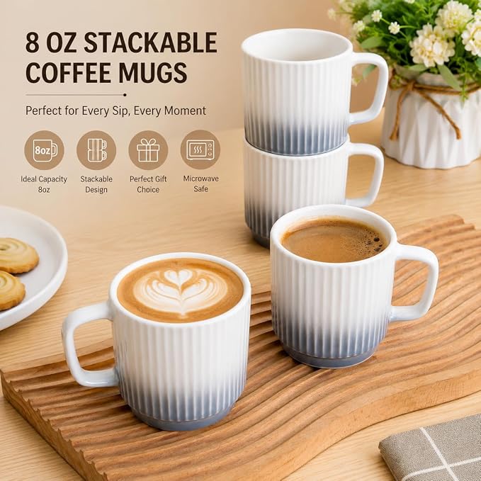 8 oz Stackable Coffee Mugs Set of 4, Ceramic Coffee Mug Cappuccino Cups | - Image 4