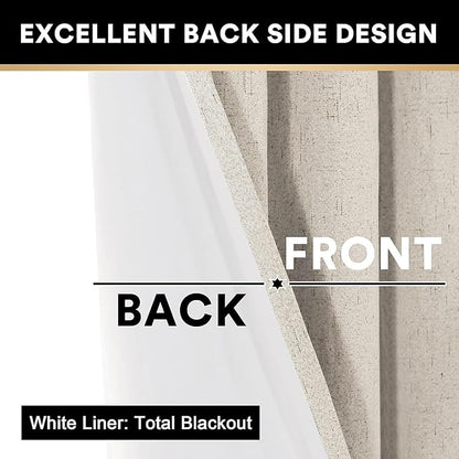 PrinceDeco Linen 100% Blackout Curtains for Bedroom/Living Room Natural Colored Drapes Extra Long Curtains 90 Inch Long for Thermal Insulated Window Curtain Panels Linen Look Fabric with White Liner