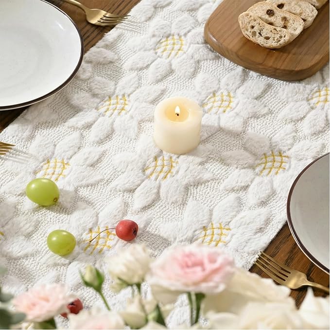 Artoid Mode White Soft Plush Faux Fur Jacquard Embroidery Sunflower Spring - Image 4