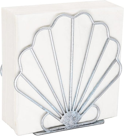 OwlGift Oceanic Napkin Holder, Nautical Themed Napkin Holder with Seashell Design, Beach Napkin Storage Organization Décor for Tabletop, Coastal Décor Centerpiece – Silver Blue