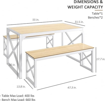 VECELO Kitchen Dining Table Sets for 6, 55" Wood Dinette 2 Benches with Metal Frame for Dinner Breakfast Nook and Small Space, Oak