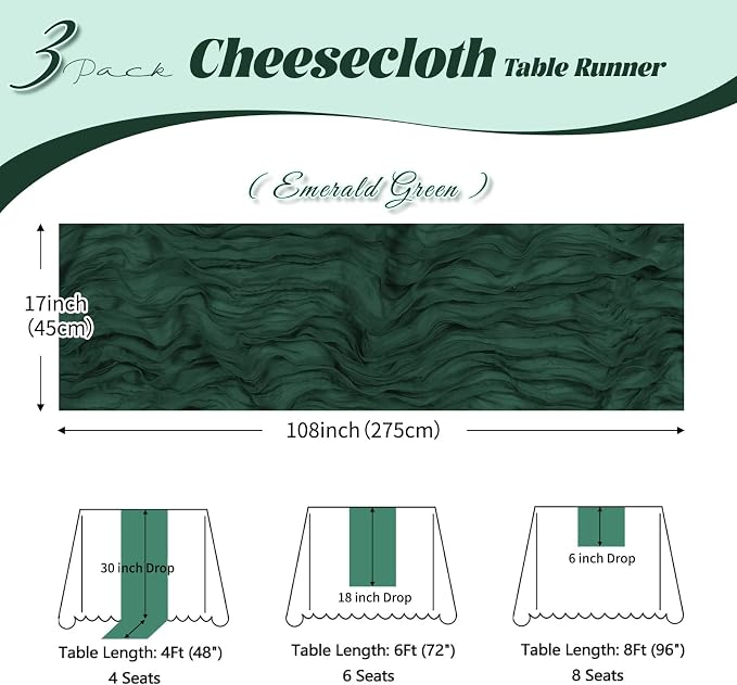 3 Pack Emerald Green Cheesecloth Table Runner, 17 x 108 inch, Semi Sheer Boho - Image 3