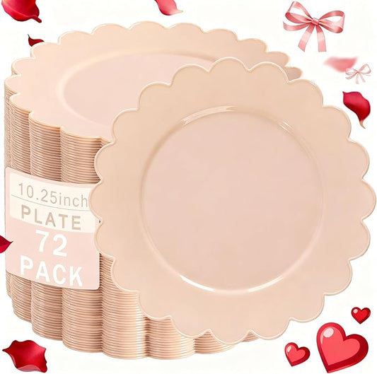 SUT 72-Count Pink Plastic Plates Disposable 10.25 Inch - Scalloped Edge Dinner Plates for Valentine’s Day, Parties, Birthdays, Weddings | Lightweight & Durable Disposable Dinnerware (72 Pack)