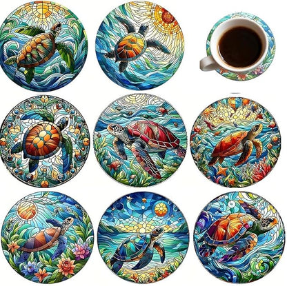 Coasters Set of 8, Wood Coasters for Drinks - Handcrafted Turtle Design Thick Heat-Resistant for Beer, Coffee, Office, Bar, Farmhouse Home Decor, Tabletop Protection, for All Cups