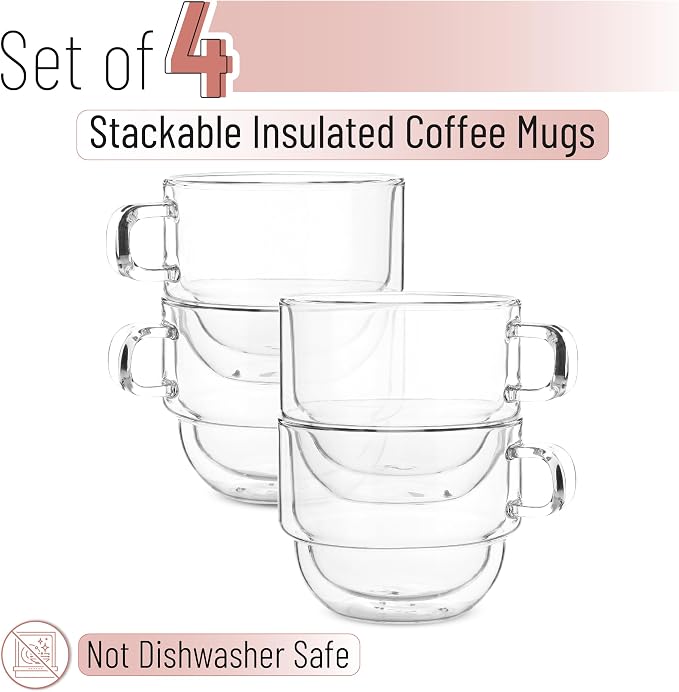 BTaT- Double Walled Stackable Glass Coffee Mugs, 12 oz, Glass Coffee Cups - Image 2