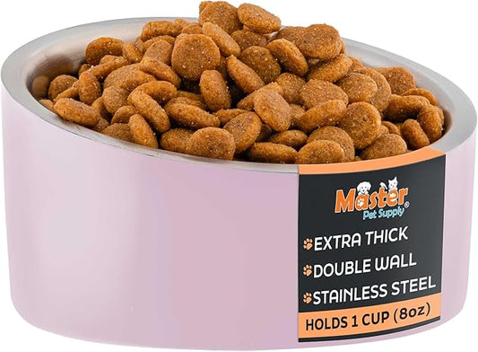 Master Pet Supply Stainless Steel Slanted Dog Cat Food Bowl - 8 oz Heavy Duty - Rose Quartz, Double Wall Insulated, Non-Slip Elevated Bowl for French Bulldogs Pugs Cats, Anti Rust Dishwasher Safe