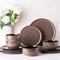 LeRatio Ceramic Dinnerware Sets for 4,12-Piece Plates and Bowls,Handmade Reactive Glaze Dishes Set, Scratch Resistant | Oven&Dishwasher & Microwave Safe,Service for 4（12pcs),Modern-Chestnut