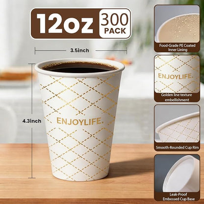 MOUMOULIFE Disposable Paper Coffee Cups 12 oz 300 Count, Leak-Proof Gold Gilded - Image 2