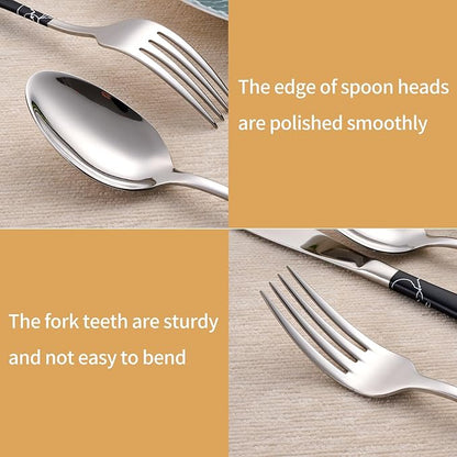 20-Piece Black crack Silverware Set 18/0 Stainless Steel Silverware Set Black crack Handle Cutlery Set Service for 4 Dinner Knives Forks Spoons Set Flatware Set Finish Dishwasher Safe