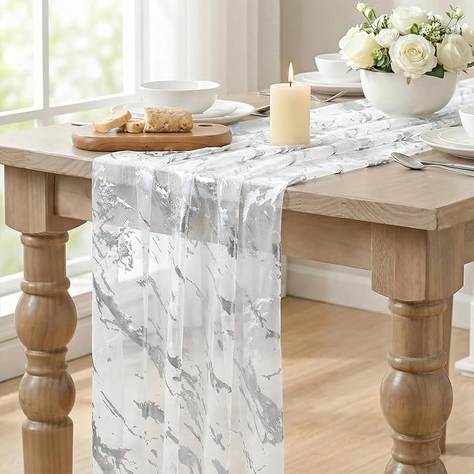 Artoid Mode Marble Pattern White Gauze Table Runner 10FT, Glitter Metallic Foil - Image 5