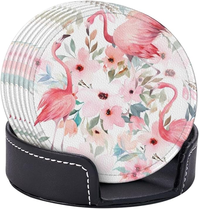 6 Pcs Watercolor Flamingo Tropical Floral Leaves Leather Coasters - Image 6
