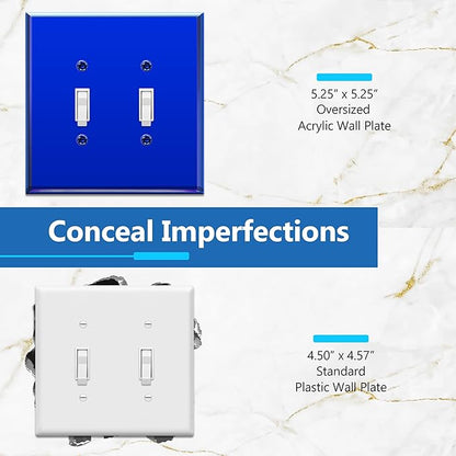 LIDER Double Toggle Switch Acrylic Wall Plate, Mirrored Dual Light Switch Plate, Plexiglass Switch Cover, Reflective Finish, Modern Decoration Upgrade, Oversized 2-Gang 5.25" x 5.25", Blue, 5 Pack