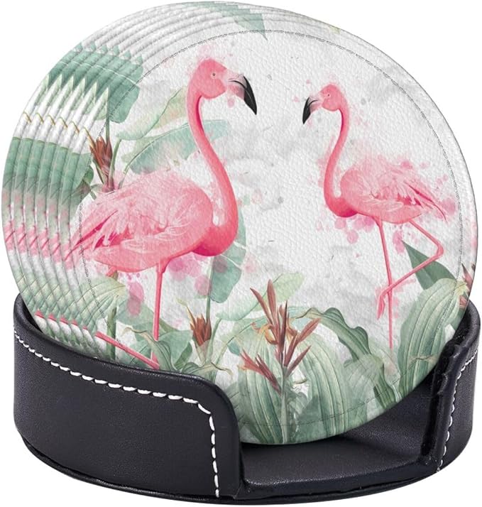 6 Pcs Watercolor Tropical Flamingo Leather Coasters - Image 6