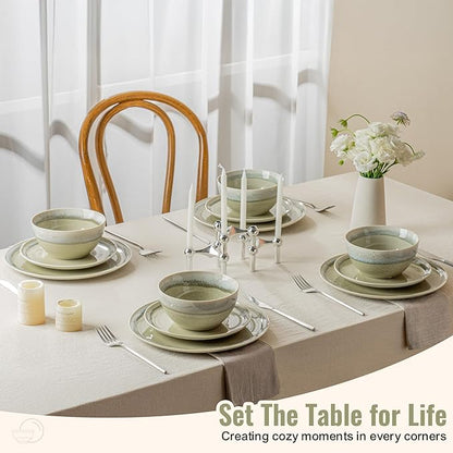 Plates and Bowls Sets, 12 Pieces Grass Green Dinnerware Sets for Kitchen, Reactive Glaze Dishes Set for 4, Dishwasher and Microwave Safe, Series Starflecked Shore (Grass Green)