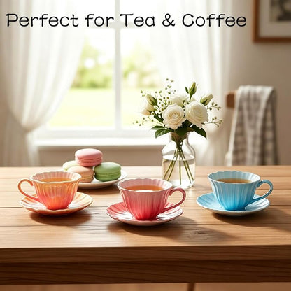 10 oz Tea Cups and Saucers, Flower-Shaped Ceramic Latte Art Cappuccino Cup and - Image 7