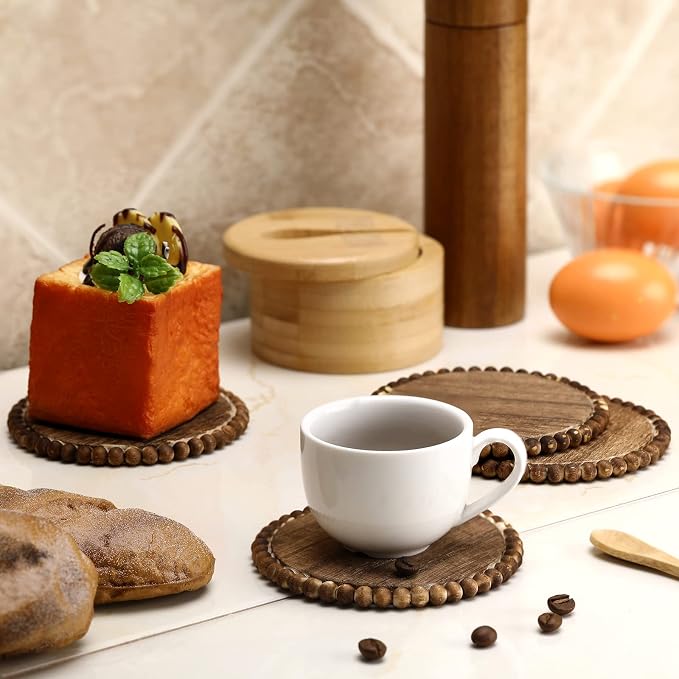 Honeydak 4 Pieces Wood Beaded Coasters 3.9 Inch Round Rustic Farmhouse Wooden - Image 5