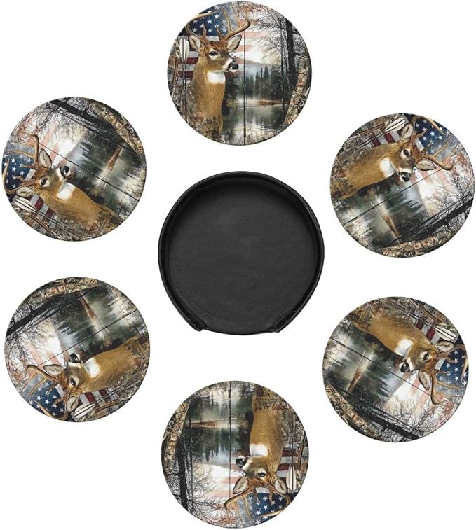 6 Pack Fishing Deer American Flag Leather Coasters - Image 2