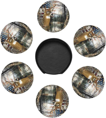 6 Pack Fishing Deer American Flag Leather Coasters - Image 2