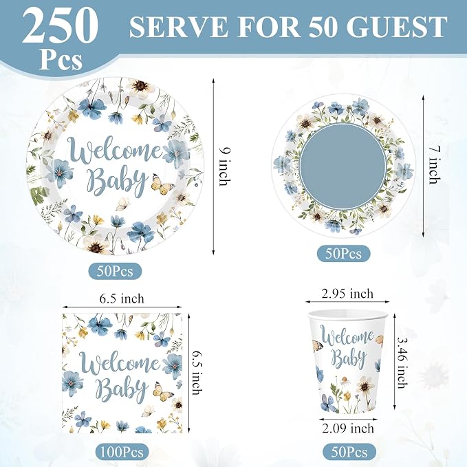 Pickmesh 250 Pcs Blue Floral Baby Shower Party Supplies Decorations Serve 50 - Image 3