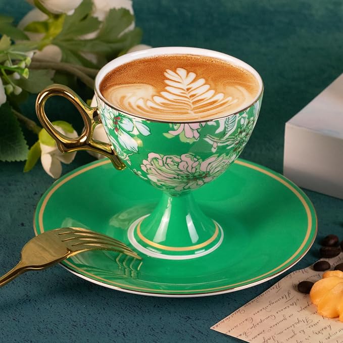 KAMMAK Ceramic Coffee Cups and Saucers Set of 2, Porcelain Espresso Cups - Image 3