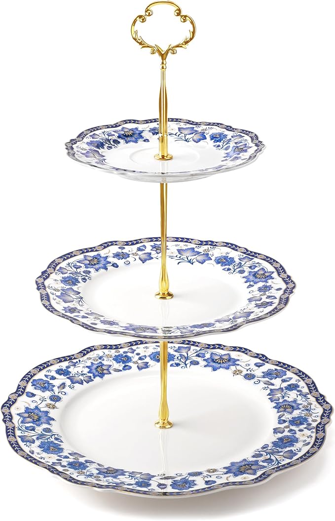 fanquare 3-Tier Elegant British Blue Floral Porcelain Cupcake Stand | Fruit by fanquare