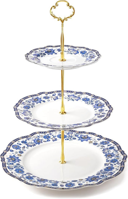 fanquare 3-Tier Elegant British Blue Floral Porcelain Cupcake Stand | Fruit by fanquare