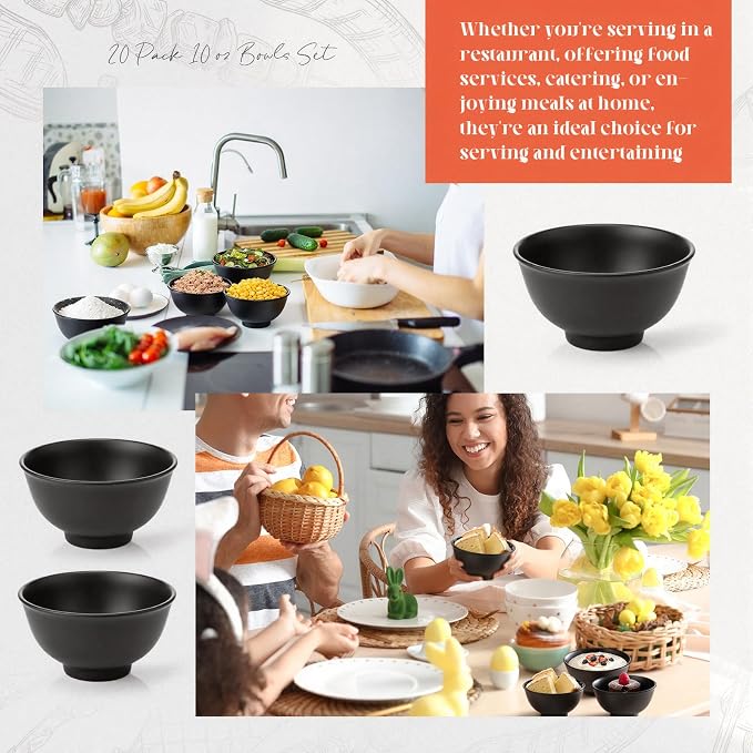 Tioncy 20 Pack 10 oz Melamine Bowls Black Round Dessert Bowls Set - Image 3
