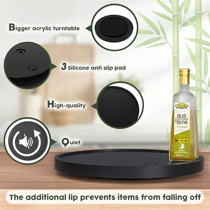 Lazy Susan for Table, 12 Inch Non-Skid Bamboo Turntable Organizer for Salt Pepper Spices and Olive Oil Next to Stove, Wooden Rotating Tray for Kitchen Countertop Organizer Black