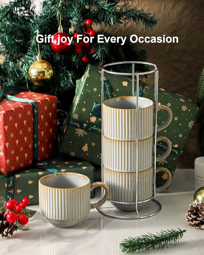 HASENSE Coffee Mug Ceramic Set of 4 - 15 oz Rustic Farmhouse Stackable Ribbed - Image 8