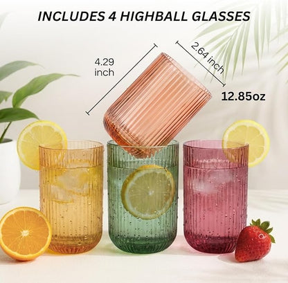 Set of 8 Dopamine Colored Ribbed Glassware, 4 Highball Glasses 14oz & 4 Rocks - Image 8