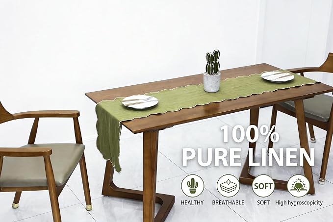 100% Natural Linen Rustic Scalloped Embroidery Table Runner 104 Inches Long - Image 2