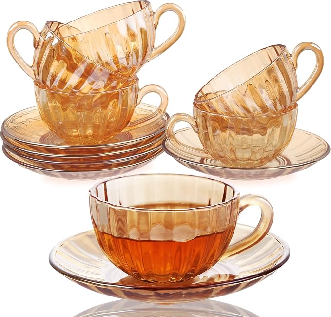 Glass Tea Cups and Saucers Set of 6, Glass Coffee Mugs by GURUDAR