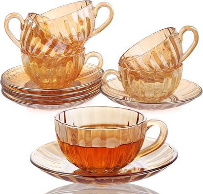 Glass Tea Cups and Saucers Set of 6, Glass Coffee Mugs by GURUDAR