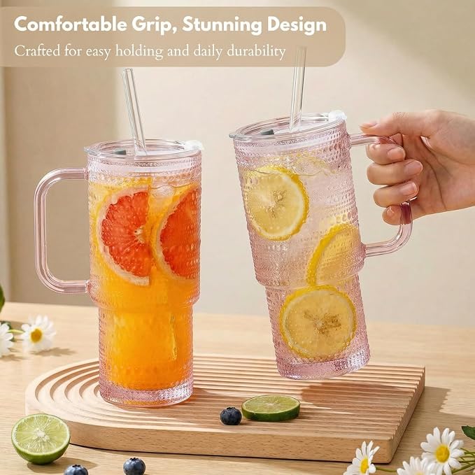 20 oz Pink Glass Tumbler with Lid and Straw, Glass Iced Coffee Cups, - Image 8