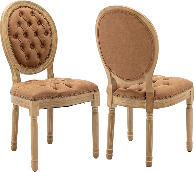 Vintage French Dining Chairs Set of 2, Round Back PU Leather Upholstered Accent Chairs with Nailhead Trim and Solid Wood Frame, Farmhouse Sillas de Comedor for Dining Room & Kitchen, Whiskey Brown
