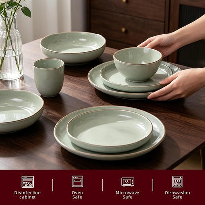 Eur-Nordic Shape Raising Rim 20pc Dinnerware Set, Shiny Glaze Green - Image 3