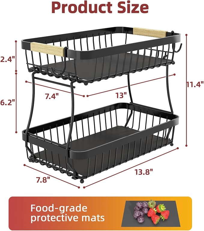 2-Tier Fruit Basket with Banana Hangers, Detachable Metal Bowl | Wooden handle - Image 8