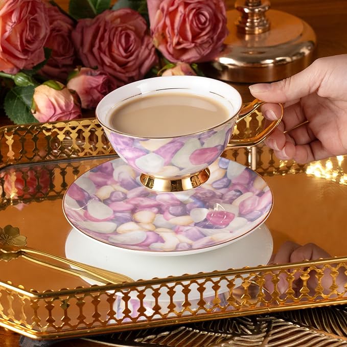 KAMMAK Tea Cups and Saucers Set of 2, Porcelain Coffee Cups, JBE024 | Stackable - Image 5