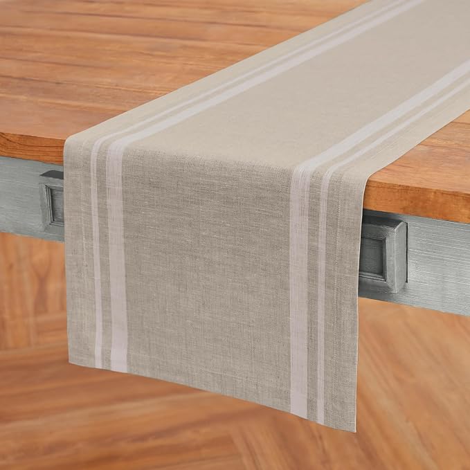 Solino Home 100% Pure Linen Table Runner, 14 x 132 in, French Stripe | Table - Image 2