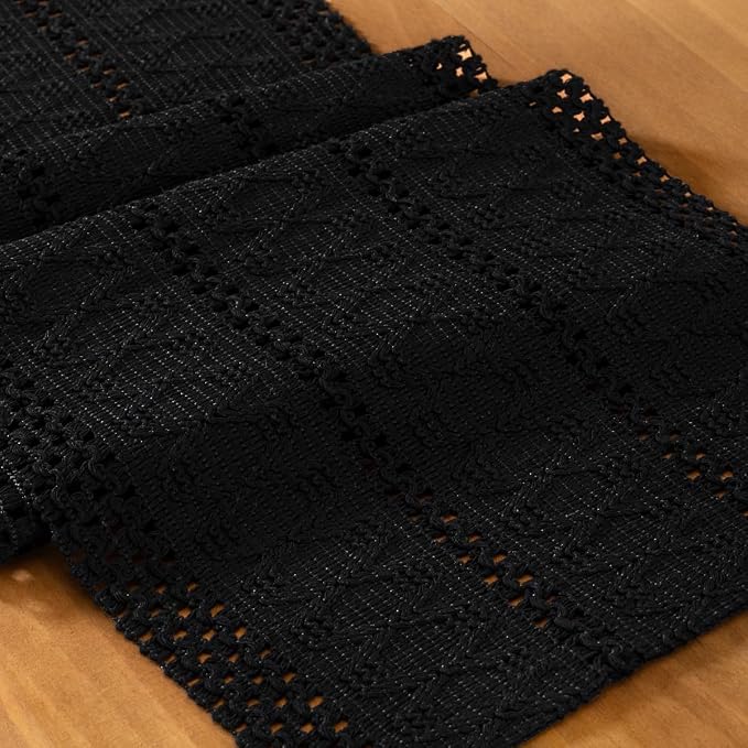 Black Boho Table Runner Farmhouse Macrame Woven Table Runner 12x90 Inch | Small - Image 2