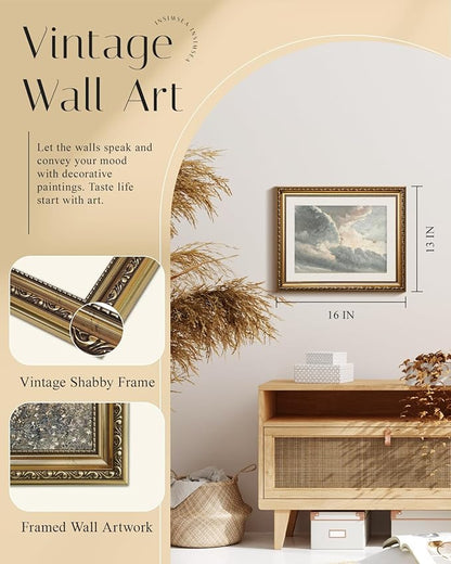 InSimSea Retro Gold Framed Wall Art, Home Room Meadow with Flowers Vintage Wall Decor, Canvas Print Artwork, Farmhouse Country Decor, Antique Picture Frame Landscape Paintings, 13x16 Inch
