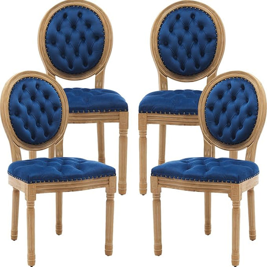 Vintage French Dining Chairs Set of 4, Round Back Velvet Upholstered Accent Chairs with Nailhead Trim and Solid Wood Frame, Elegant Sillas de Comedor for Dining Room & Kitchen, Blue