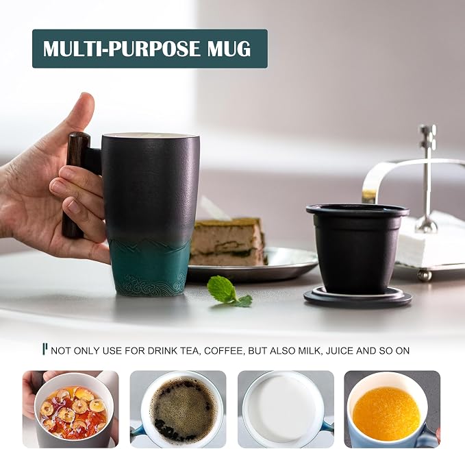 suyika Ceramic Tea Cup with Infuser and Lid Tea Mugs Wooden Handle 400ml/13.5oz - Image 4