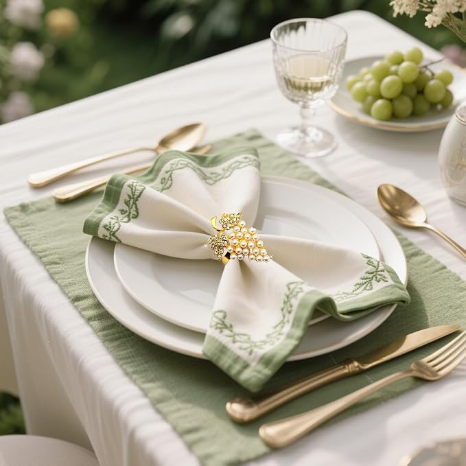 Grape Napkin Rings Set of 12 Pearl & Sparkly Rhinestone Fruit Napkin Holders - Image 2