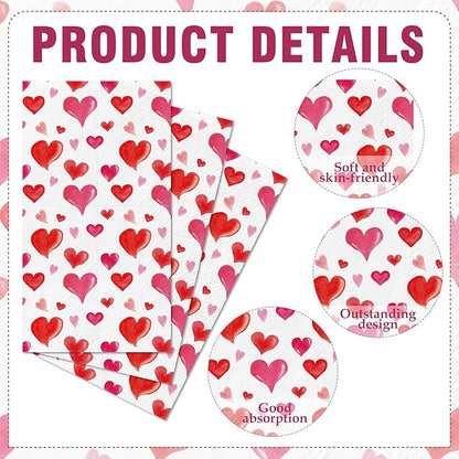 Valentine' s Day Paper Napkins - 100 Pcs Red Heart Decorative Dinner Napkin Sets Disposable, Cocktail Luncheon Party Decorations Supplies for Guest Engagement Anniversary Wedding 7.9 x 4.3 In