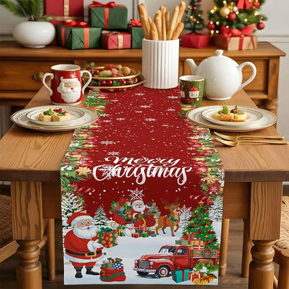 Merry Christmas Table Runner 60 Inches Long, Santa Xmas Tree Snowflake Table - Image 5