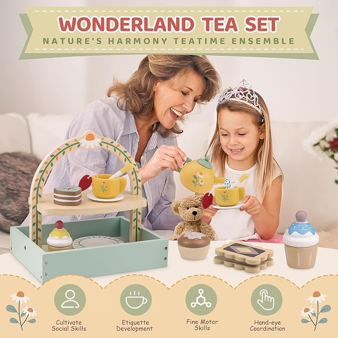 Wooden Tea Sets for Little Girls Play Food Cake Pretend Play Toys | 3-5 Kitchen - Image 4