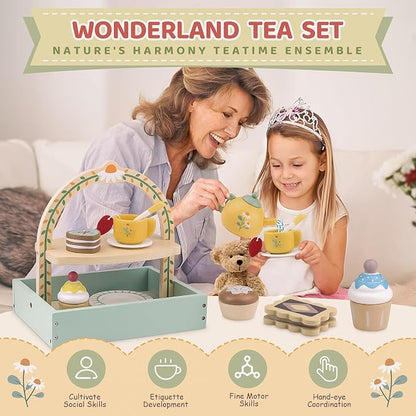 Wooden Tea Sets for Little Girls Play Food Cake Pretend Play Toys | 3-5 Kitchen - Image 4