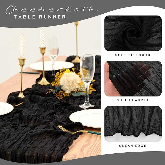 YMHPRIDE 12 Pack Cheesecloth Table Runner 35x120in Black Table Runner | Boho - Image 4