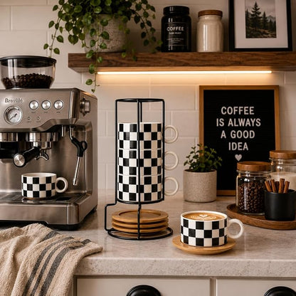 LUKA 6 Ounce Ceramic Stackable Black and White Checkered Espresso Cups - Image 8